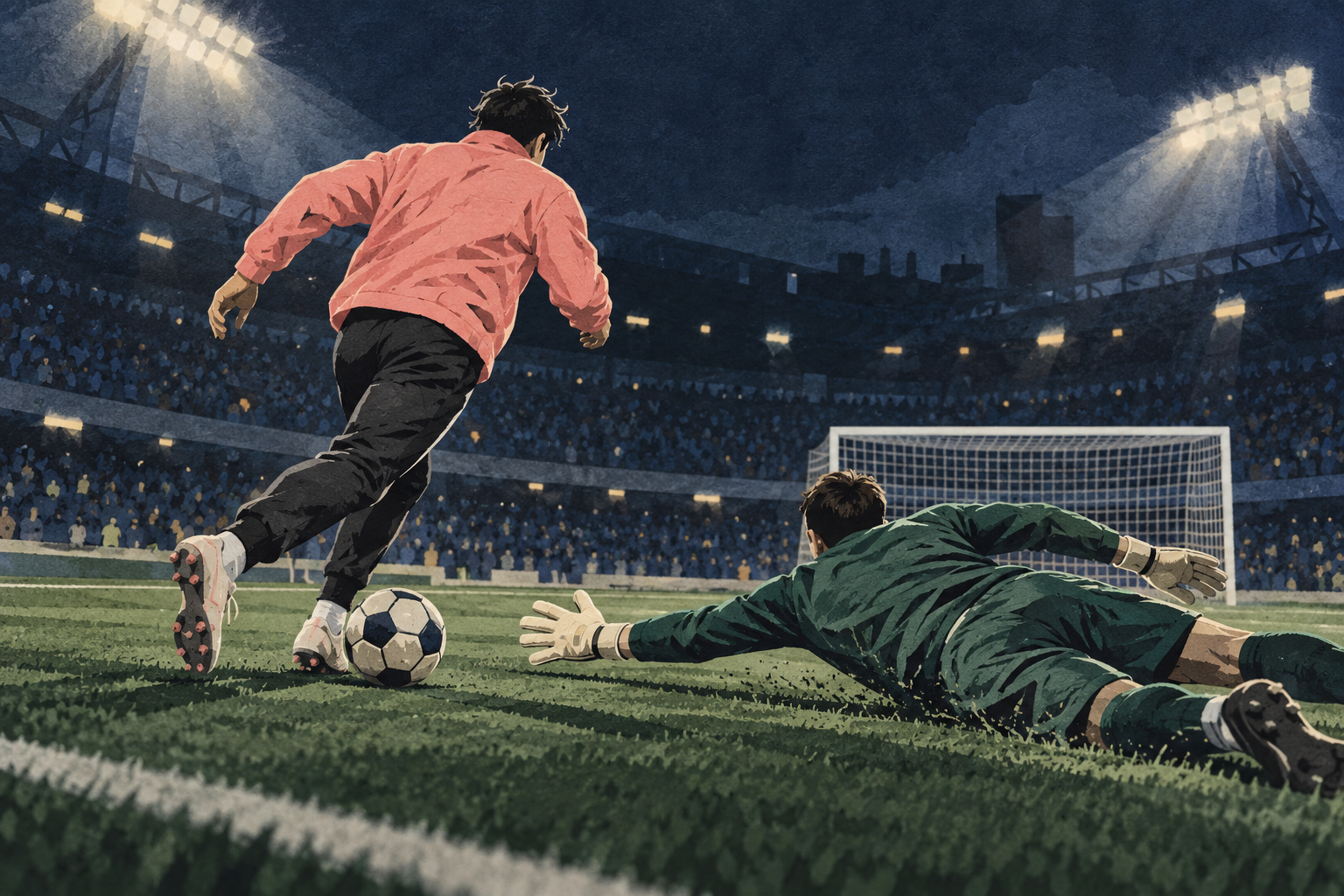 Football illustration of a player dribbling past a goalkeeper under floodlights